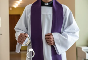 Priest holding handcuffs